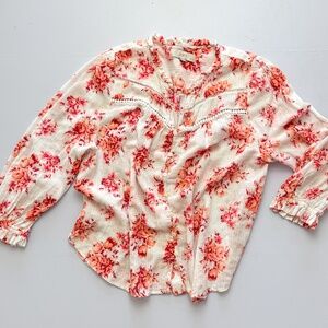 LOFT Petites LP Floral Peasant Blouse Coral Cotton Lace Trim Ruffle Button Front
